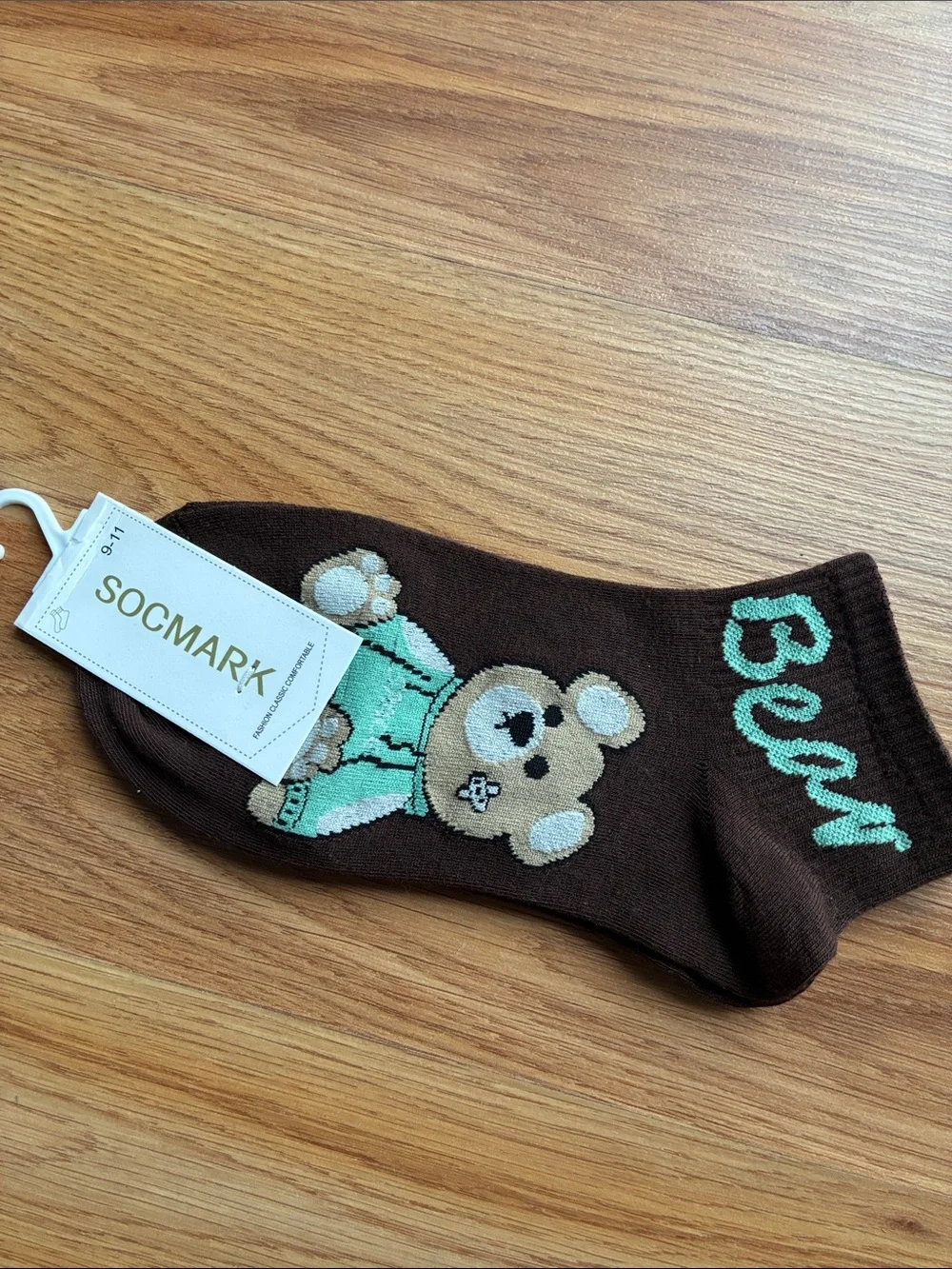 Brown Bear Ankle Socks with Mint Details